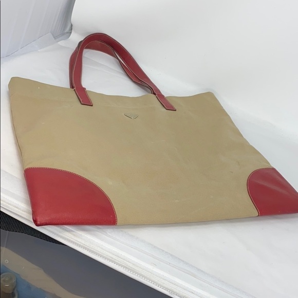 Prada Large Beige Canvas Red Leather Shoulder Tote - Picture 2 of 15